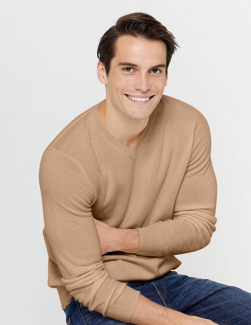 State Cashmere Men's Essential V-Neck Sweater 100% Pure Cashmere Classic Long Sleeve Pullover (Camel, Large) - Image 4